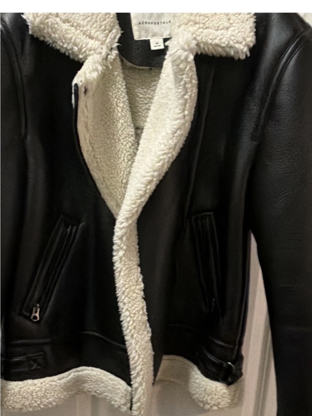 Aeropostale Black Faux Leather Jacket with Cream Sherpa Trim